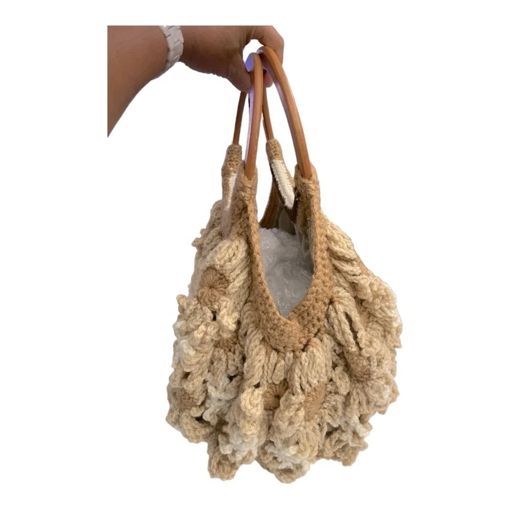 Vintage Handmade Floral Crochet Granny Style Bag, tan /cream wooden handles